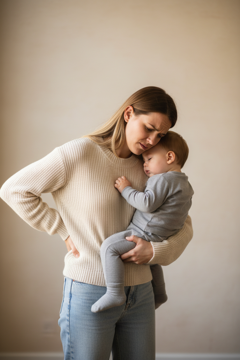 Maman mal au dos en portant son enfant